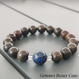 Bronzite diam 10 mm, Lapis lazuli diam 12 mm et cristal de roche diam 4 mm