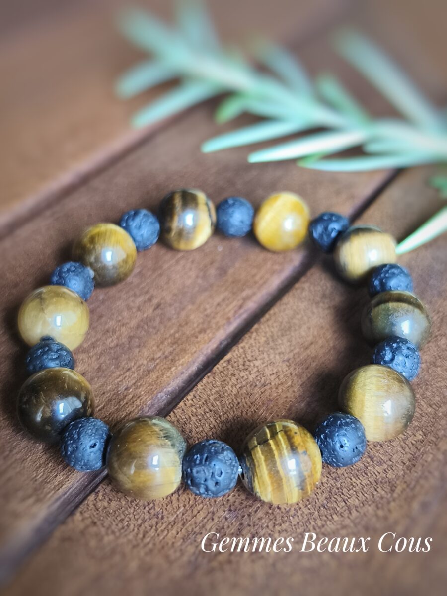 Bracelet Œil du tigre diamètre 12 mm et pierre de lave diamètre 8 mm